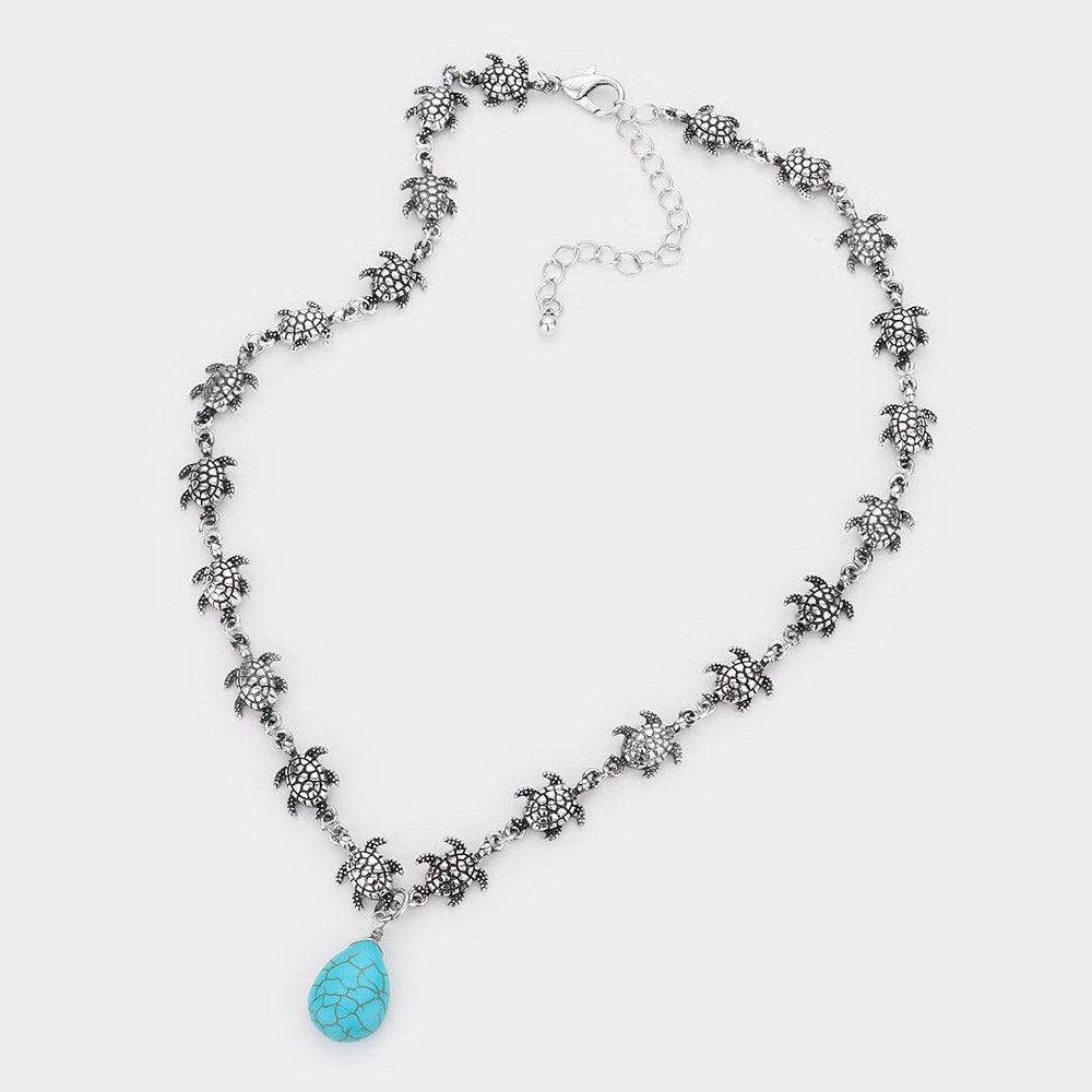 Turquoise Antique Metal Turtle Links Natural Stone Pendant Necklace - Jewelry Store by Erik Rayo