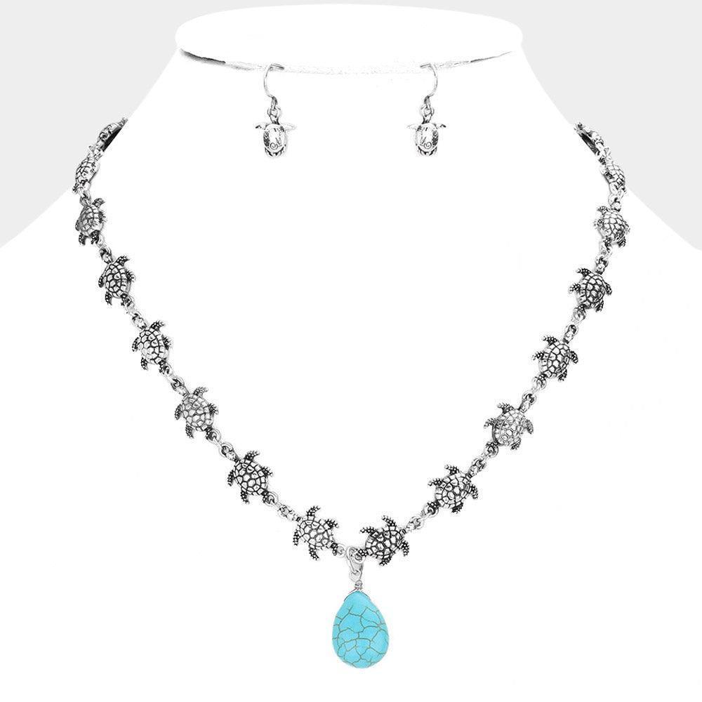 Turquoise Antique Metal Turtle Links Natural Stone Pendant Necklace - Jewelry Store by Erik Rayo