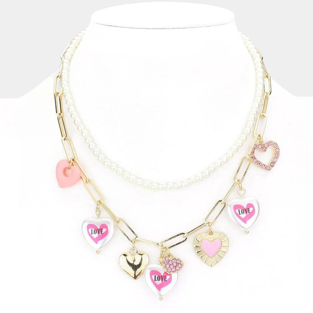 Gold Heart Pendant Station Pearl Double Layered Necklace - Jewelry Store by Erik Rayo