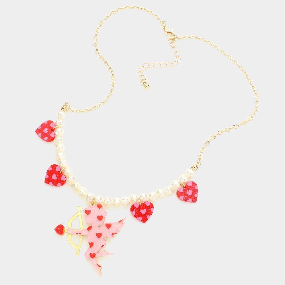Pink Heart Cupid Pendant Pearl Necklace - Jewelry Store by Erik Rayo