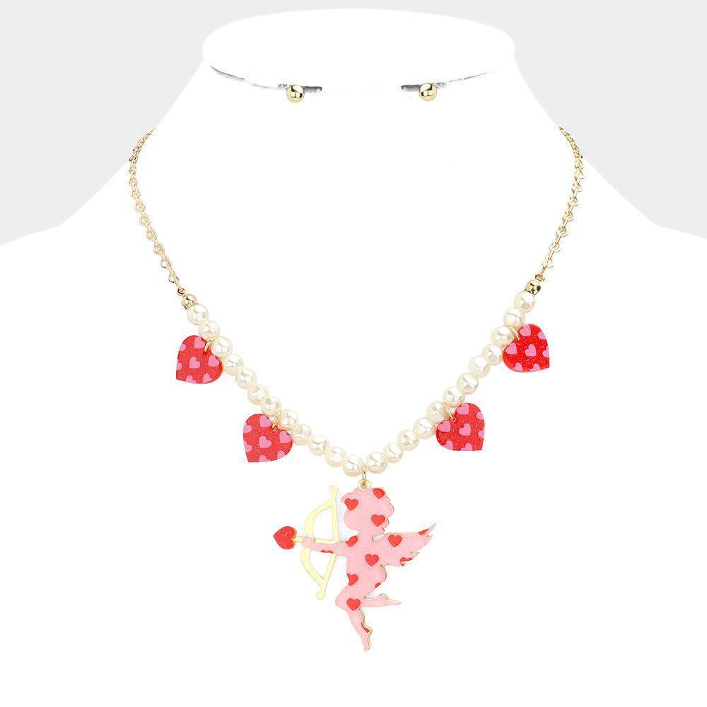 Pink Heart Cupid Pendant Pearl Necklace - Jewelry Store by Erik Rayo