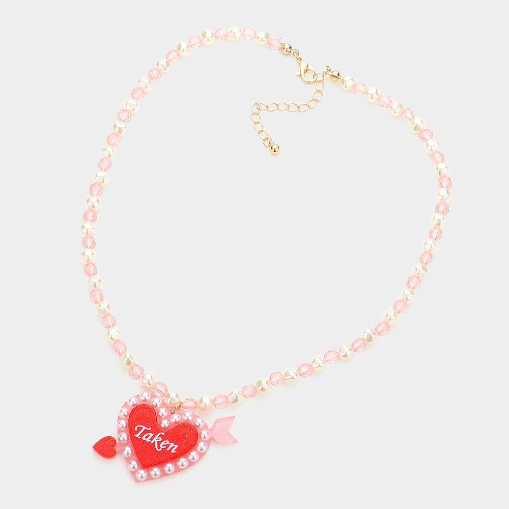 Pink Taken Message Glittered Resin Heart Arrow Pearl Beaded Necklace - Jewelry Store by Erik Rayo