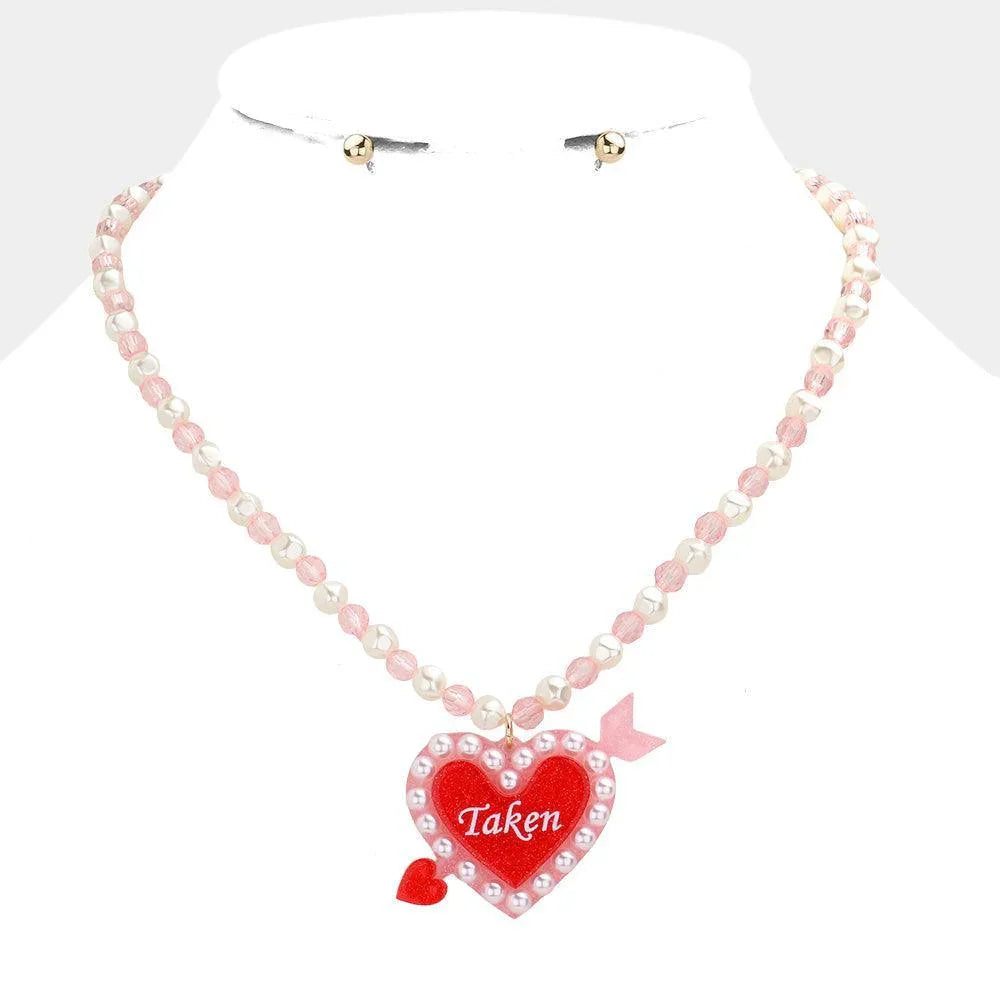 Pink Taken Message Glittered Resin Heart Arrow Pearl Beaded Necklace - Jewelry Store by Erik Rayo