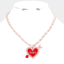 Load image into Gallery viewer, Pink Taken Message Glittered Resin Heart Arrow Pearl Beaded Necklace
