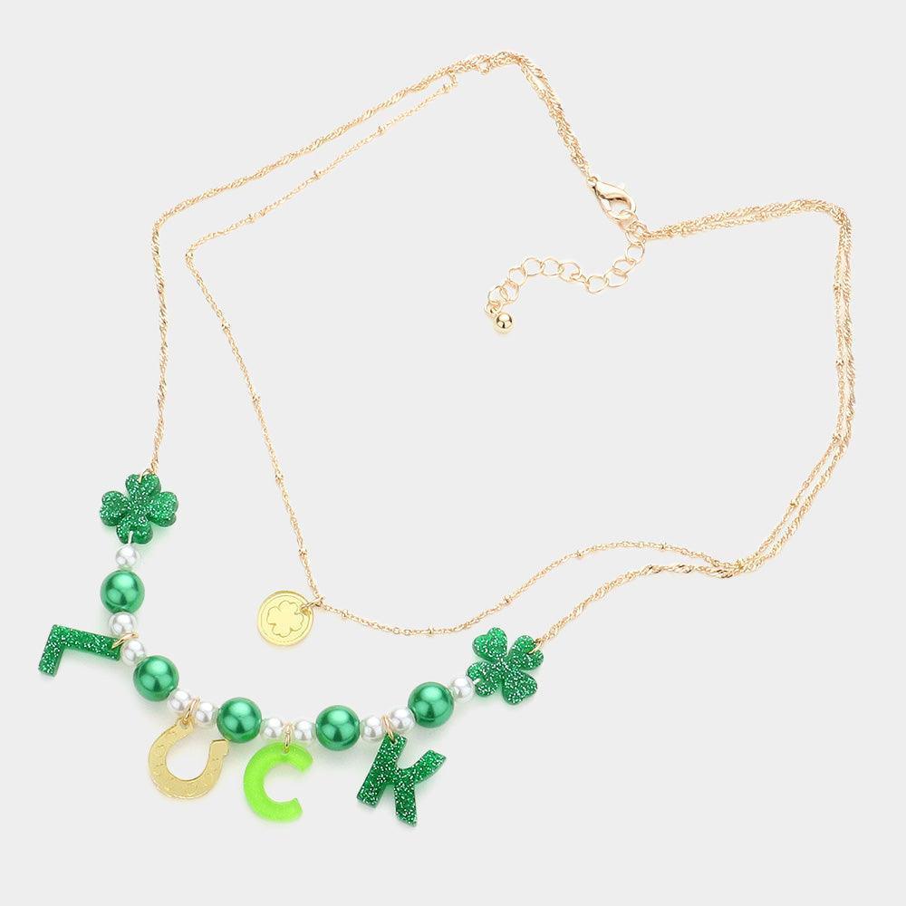 Green St. Patrick's Day LUCK Message Glittered Resin Clover Horseshoe Pearl Double Layered Necklace - Jewelry Store by Erik Rayo