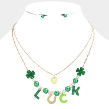 Load image into Gallery viewer, Green St. Patrick&#39;s Day LUCK Message Glittered Resin Clover Horseshoe Pearl Double Layered Necklace
