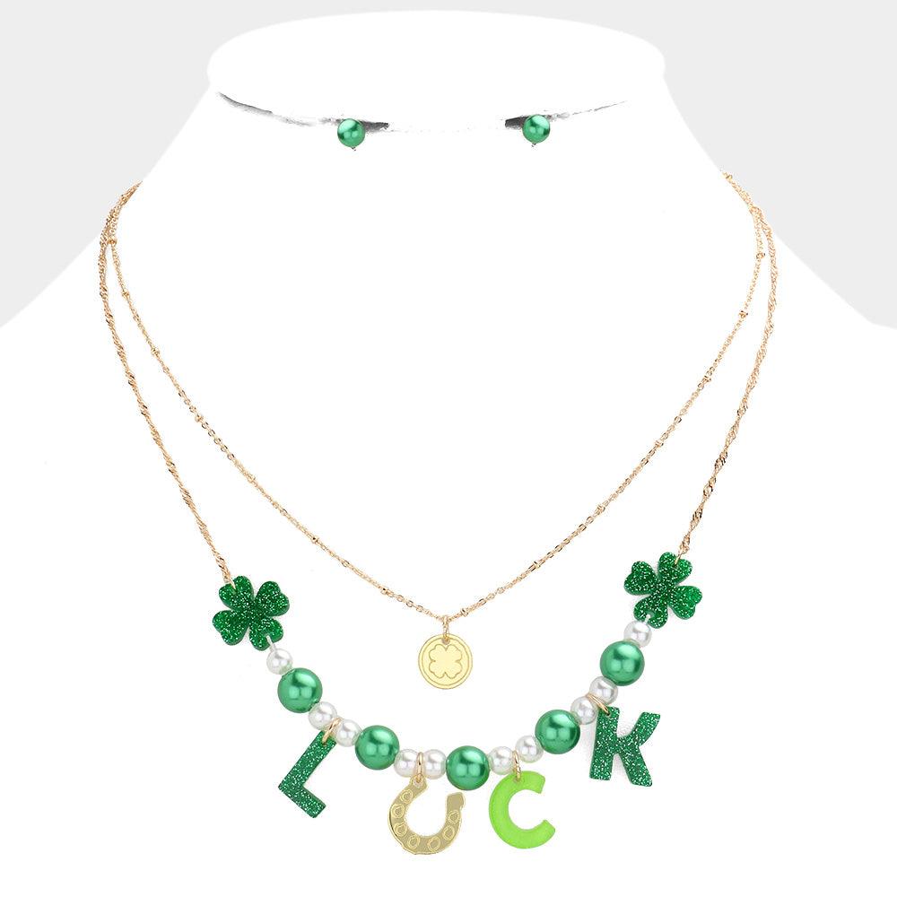 Green St. Patrick's Day LUCK Message Glittered Resin Clover Horseshoe Pearl Double Layered Necklace