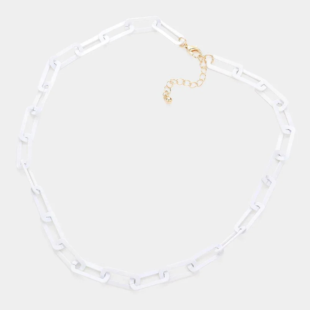 White Colored Open Metal Rectangle Link Necklace - Jewelry Store by Erik Rayo