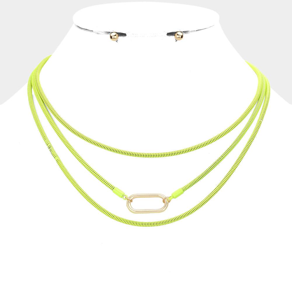 Yellow Open Metal Oval Accented Colored Chain Layered Necklace