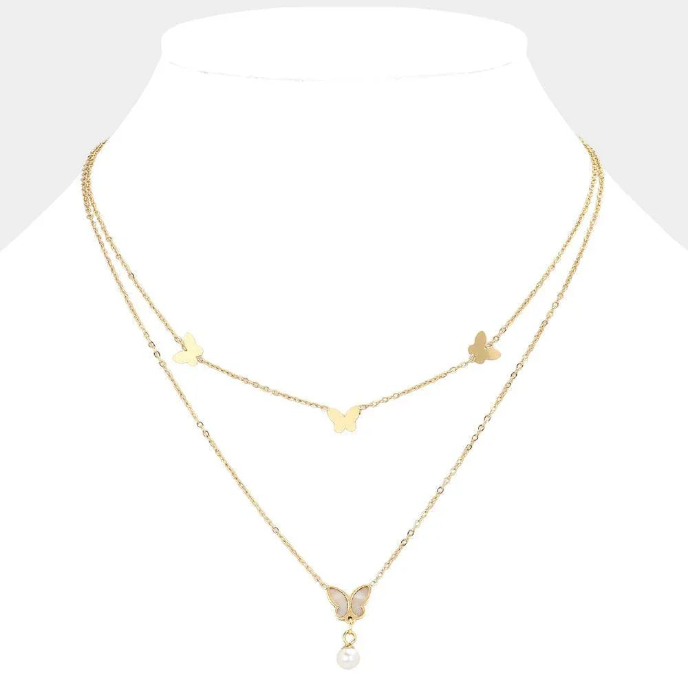 Cream Stainless Steel Butterfly Station Pearl Butterfly Stone Dangle Pendant Layered Necklace - Jewelry Store by Erik Rayo