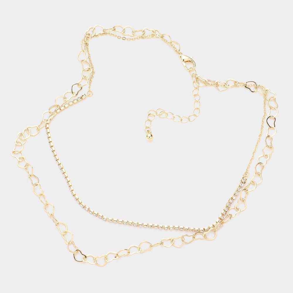 Gold Rhinestone Metal Open Heart Link Double Layered Necklace - Jewelry Store by Erik Rayo