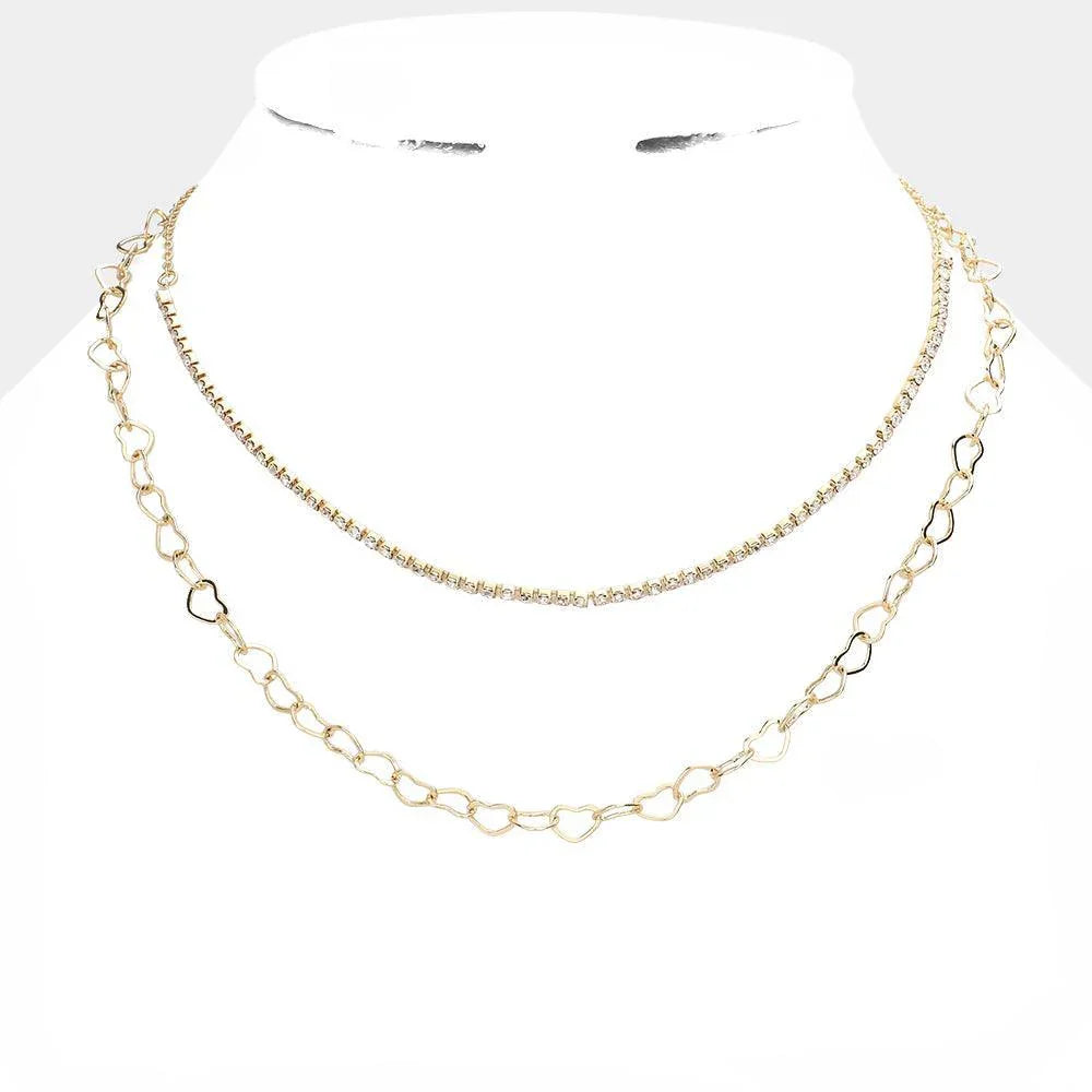 Gold Rhinestone Metal Open Heart Link Double Layered Necklace - Jewelry Store by Erik Rayo