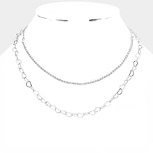 Load image into Gallery viewer, Silver Rhinestone Metal Open Heart Link Double Layered Necklace
