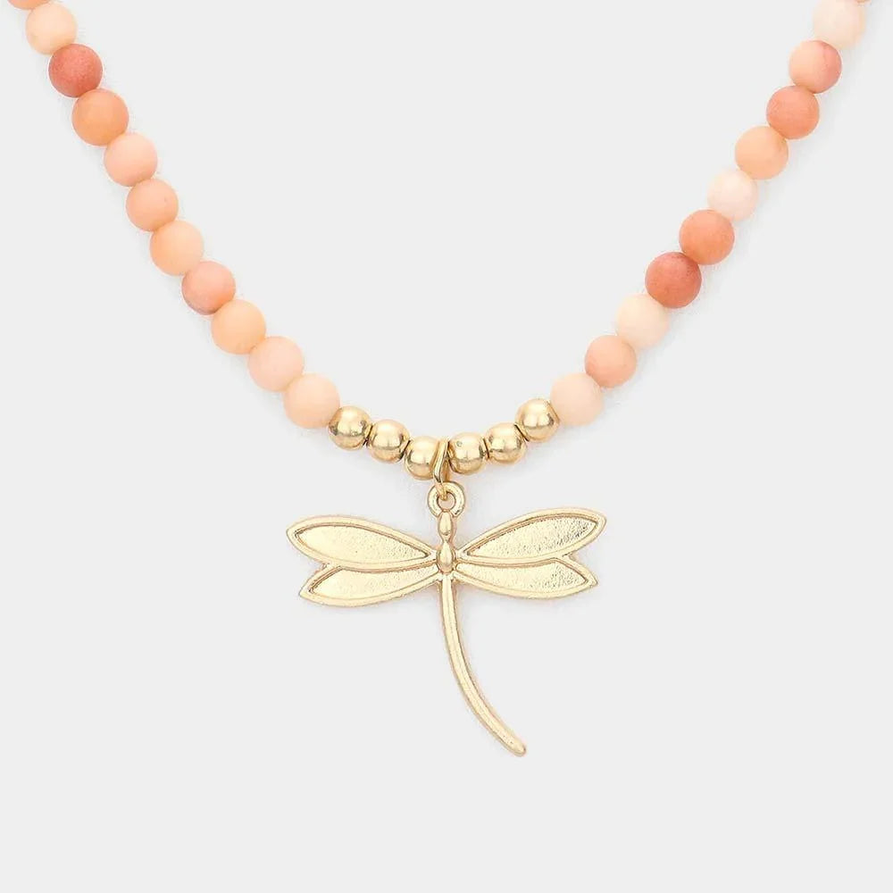 Peach Metal Dragonfly Pendant Semi Precious Necklace - Jewelry Store by Erik Rayo