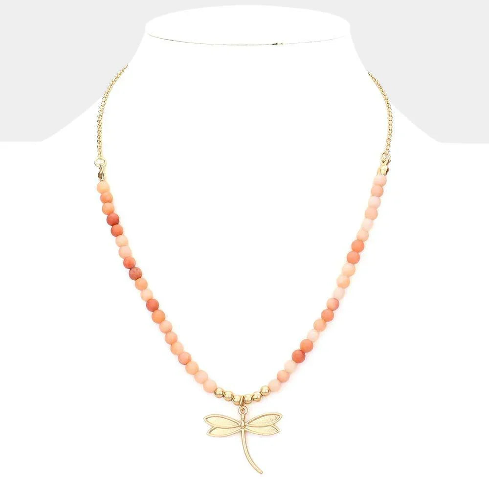Peach Metal Dragonfly Pendant Semi Precious Necklace - Jewelry Store by Erik Rayo