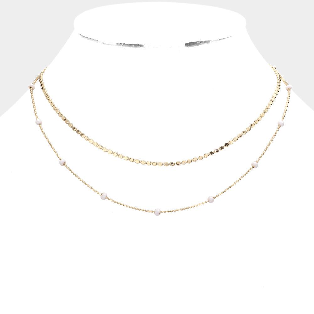 White Bead Station Double Layered Necklace