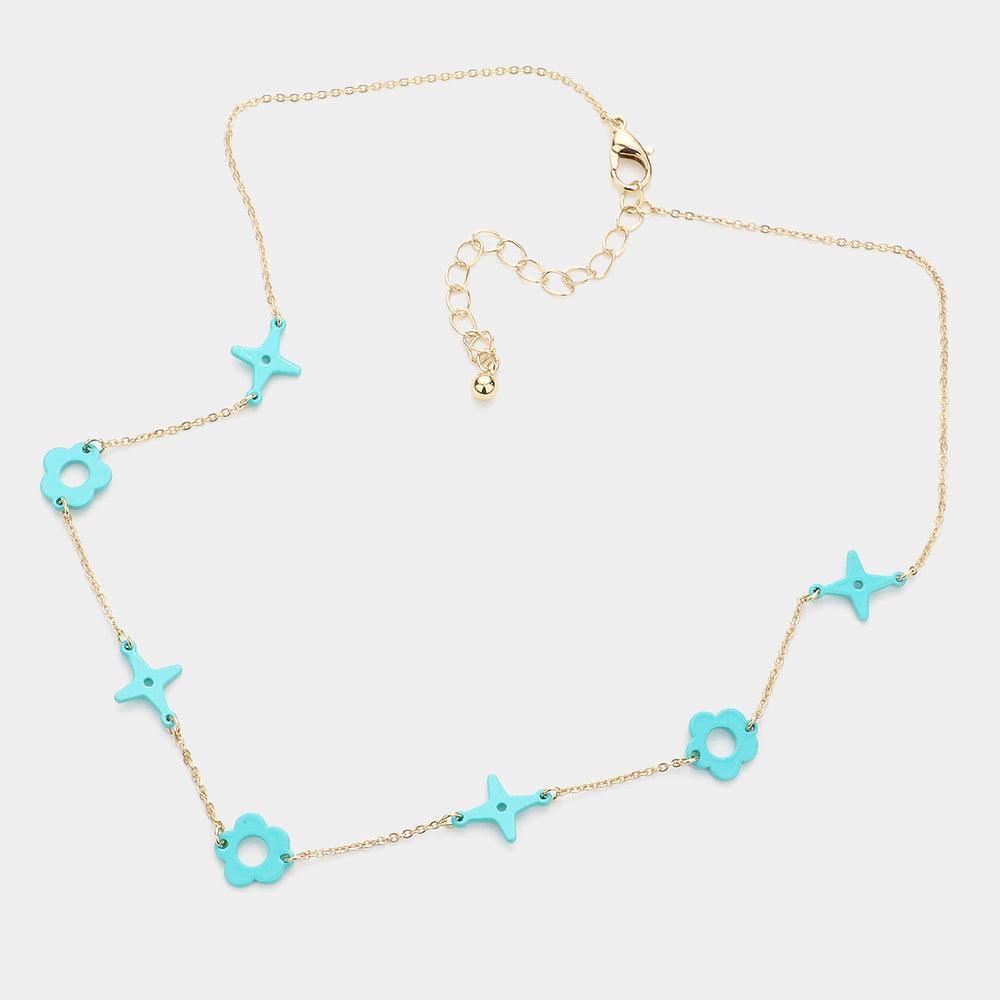 Turquoise Colored Flower Crisscross Station Necklace - Jewelry Store by Erik Rayo