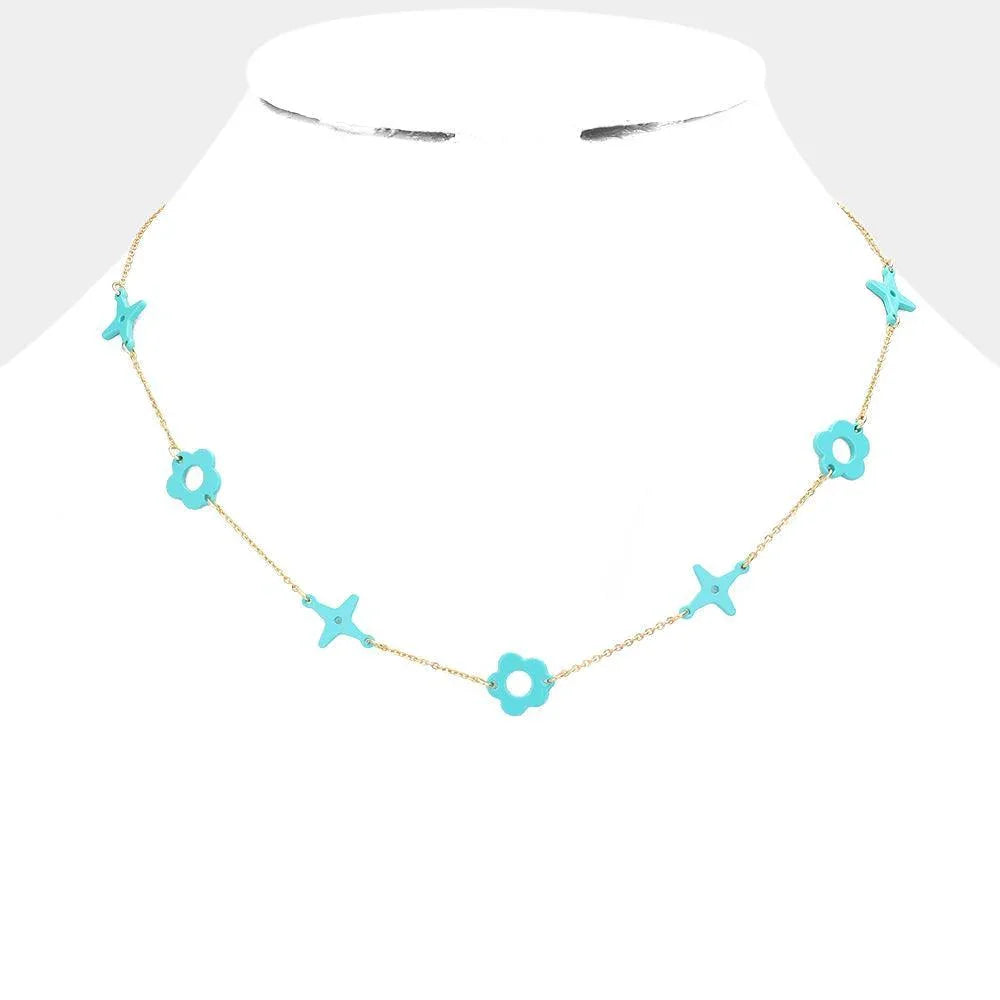 Turquoise Colored Flower Crisscross Station Necklace - Jewelry Store by Erik Rayo