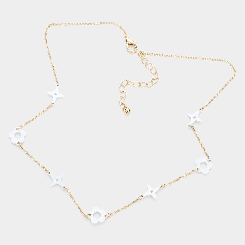 White Colored Flower Crisscross Station Necklace - Jewelry Store by Erik Rayo