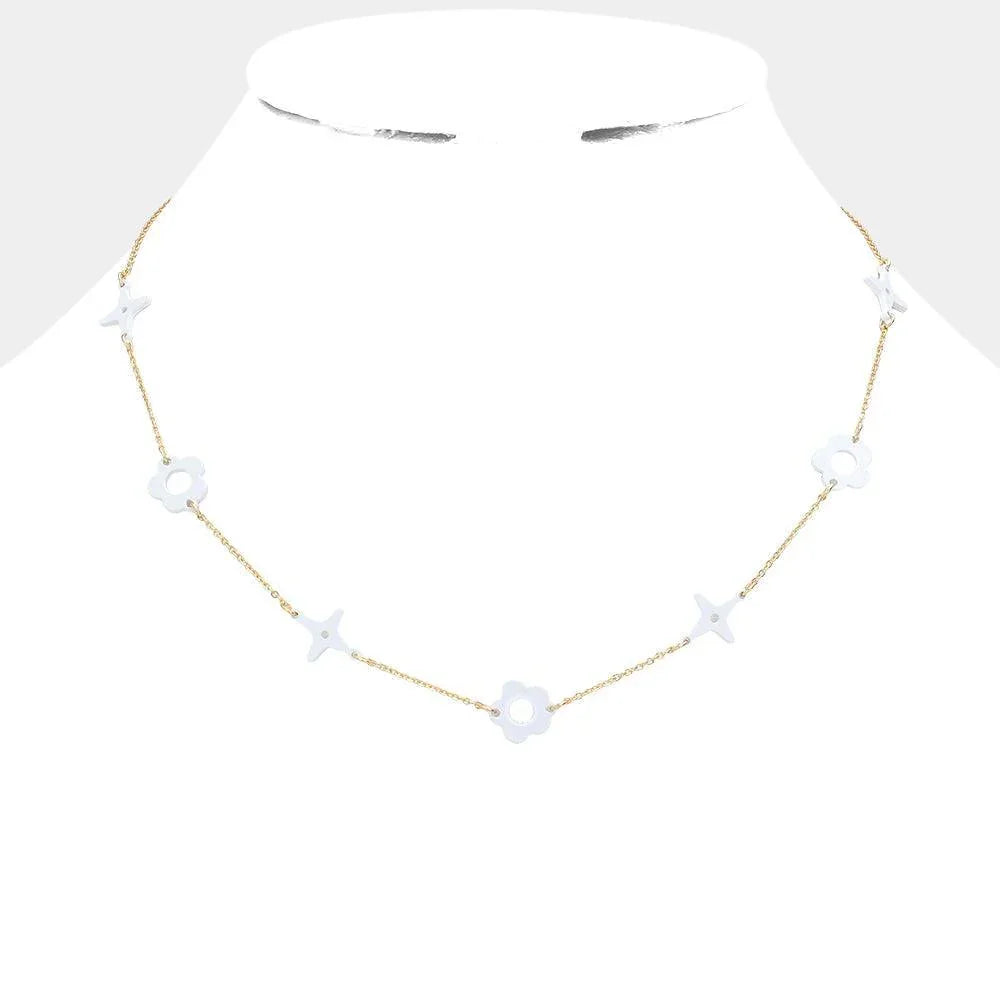 White Colored Flower Crisscross Station Necklace - Jewelry Store by Erik Rayo