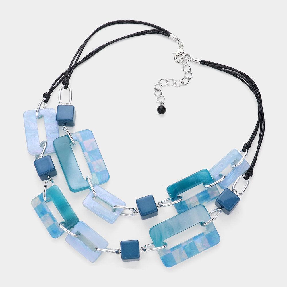 Blue Abstract Resin Checkered Open Rectangle Cube Link Double Layered Statement Faux Leather Necklace - Jewelry Store by Erik Rayo