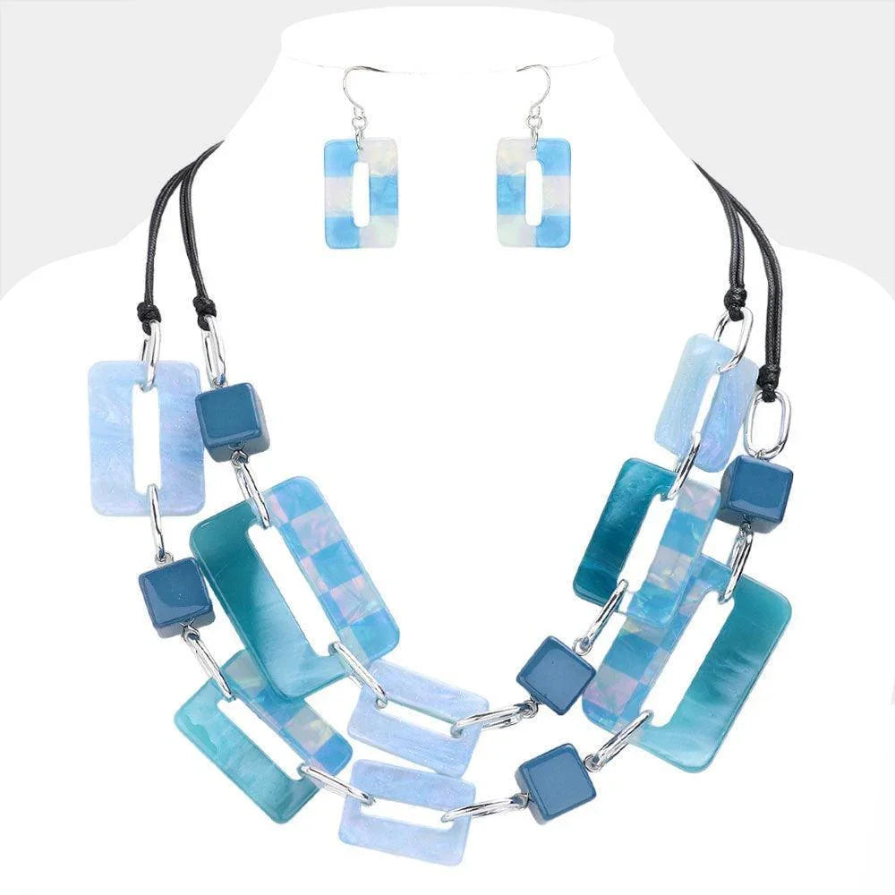 Blue Abstract Resin Checkered Open Rectangle Cube Link Double Layered Statement Faux Leather Necklace - Jewelry Store by Erik Rayo