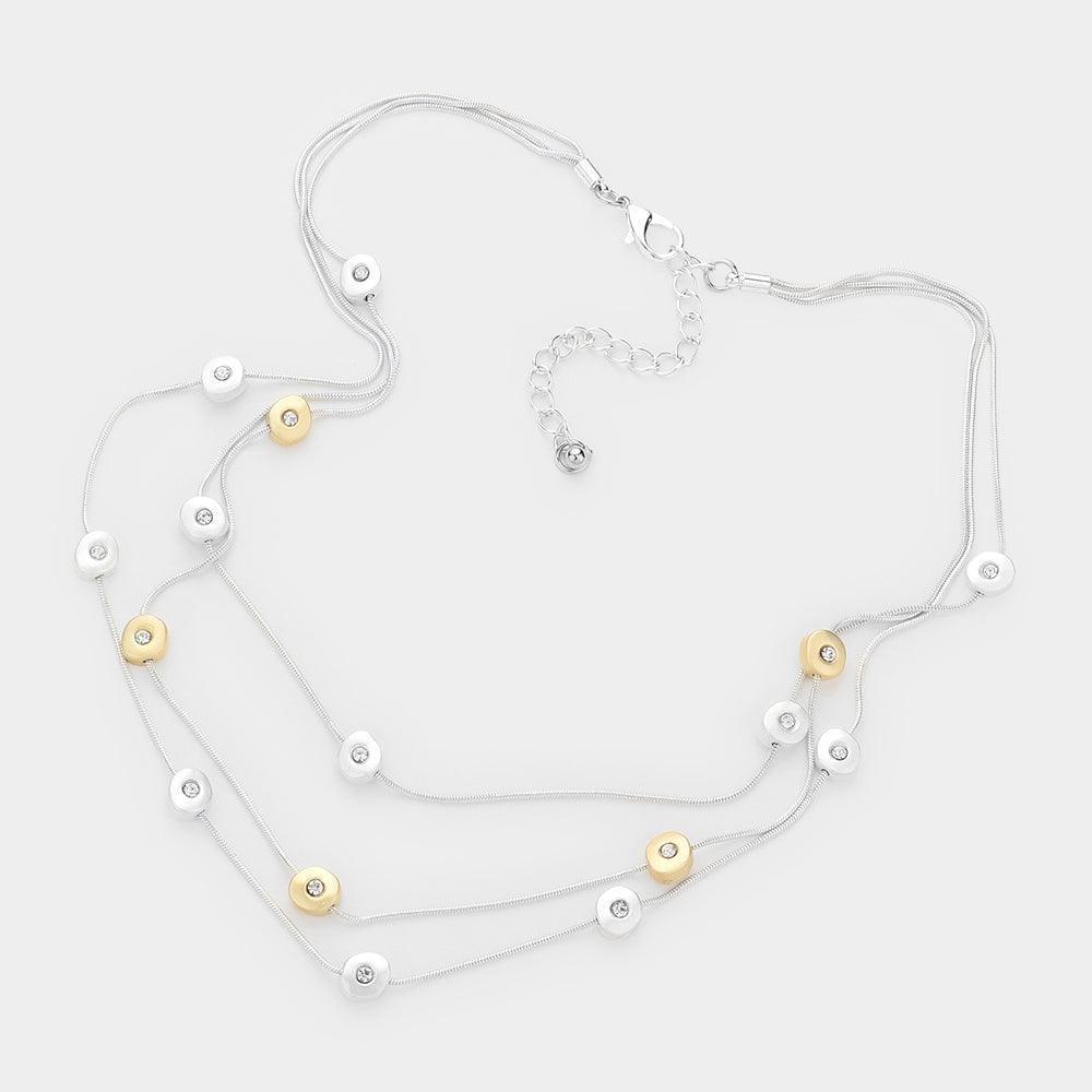 Two Tone Stone Centered Metal Round Station Triple Layered Bib Necklace - Jewelry Store by Erik Rayo