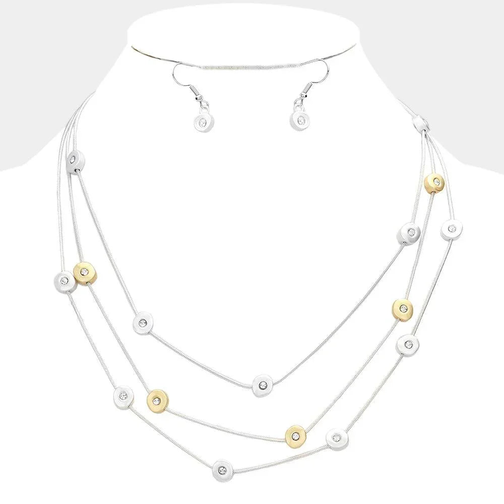 Two Tone Stone Centered Metal Round Station Triple Layered Bib Necklace - Jewelry Store by Erik Rayo