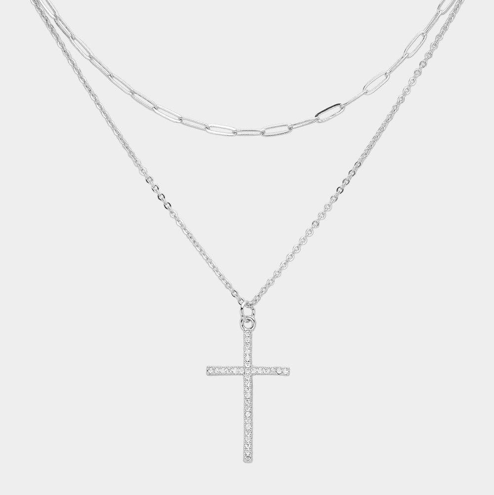 Stone Paved Cross Pendant Double Layered Necklace - Jewelry Store by Erik Rayo
