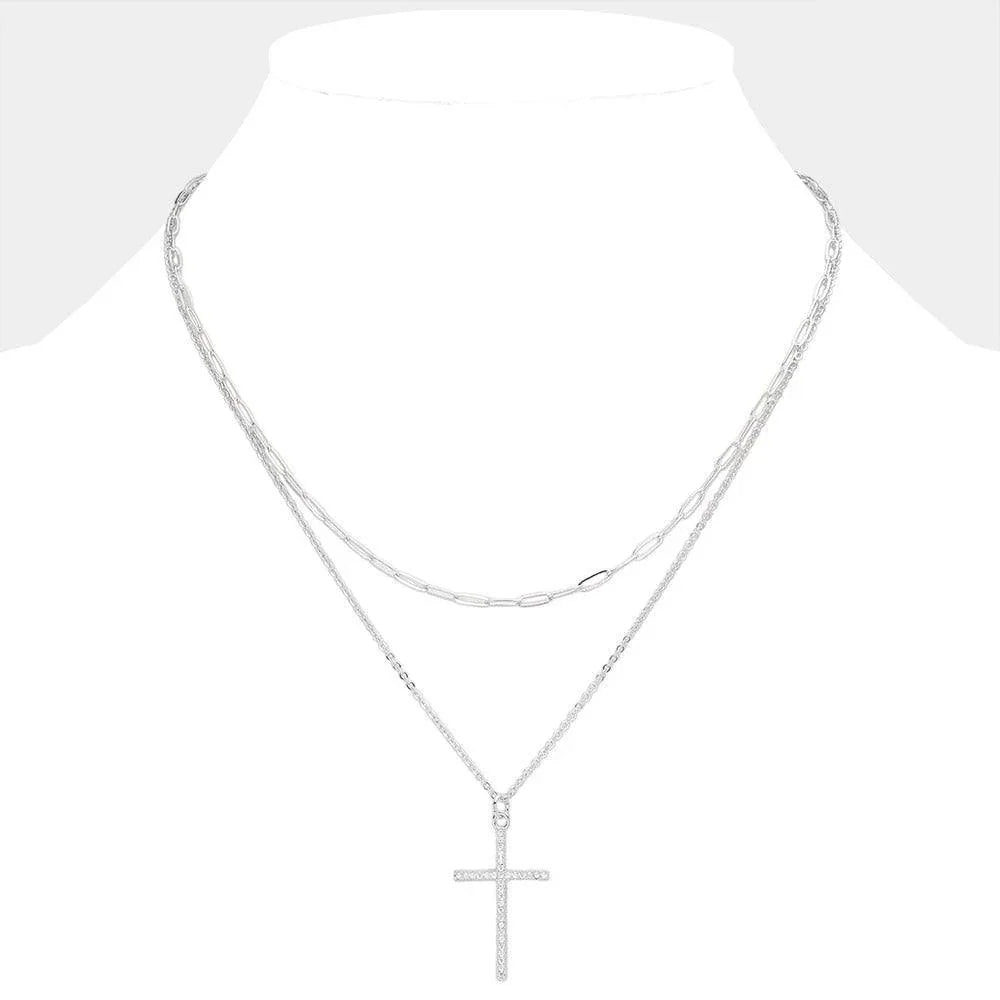 Stone Paved Cross Pendant Double Layered Necklace - Jewelry Store by Erik Rayo