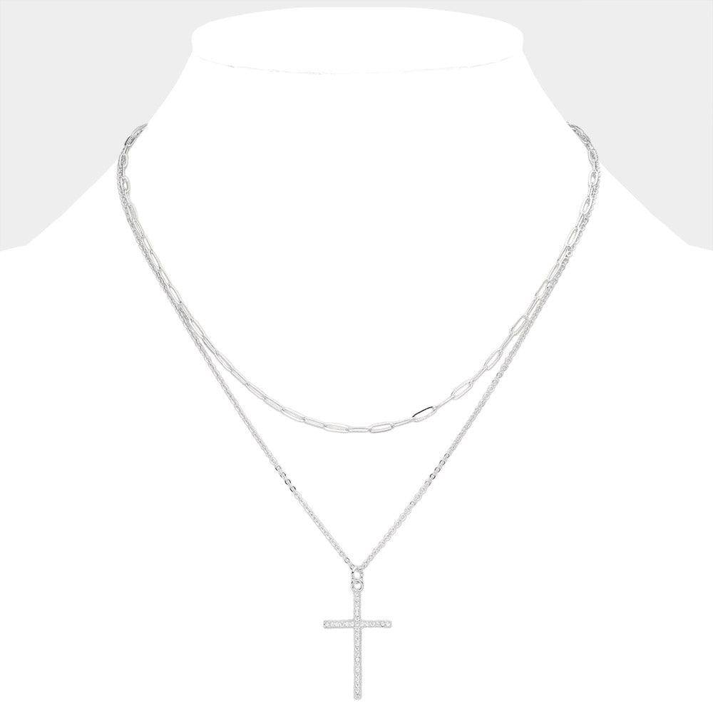 Stone Paved Cross Pendant Double Layered Necklace