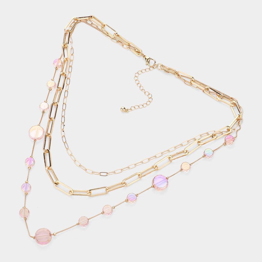 Pink Faceted Clear Disc Beads Station Metal Paper Clip Link Chain Layered Necklace - Jewelry Store by Erik Rayo
