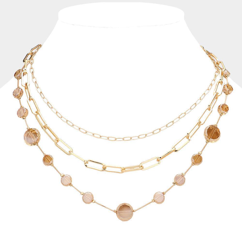 Faceted Clear Disc Beads Station Metal Paper Clip Link Chain Layered Necklace - Jewelry Store by Erik Rayo