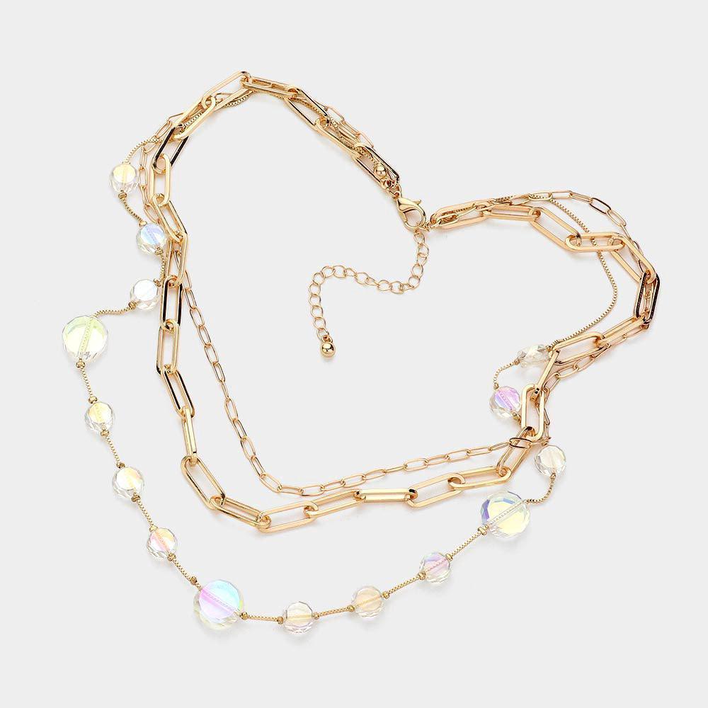 Clear Faceted Clear Disc Beads Station Metal Paper Clip Link Chain Layered Necklace - Jewelry Store by Erik Rayo