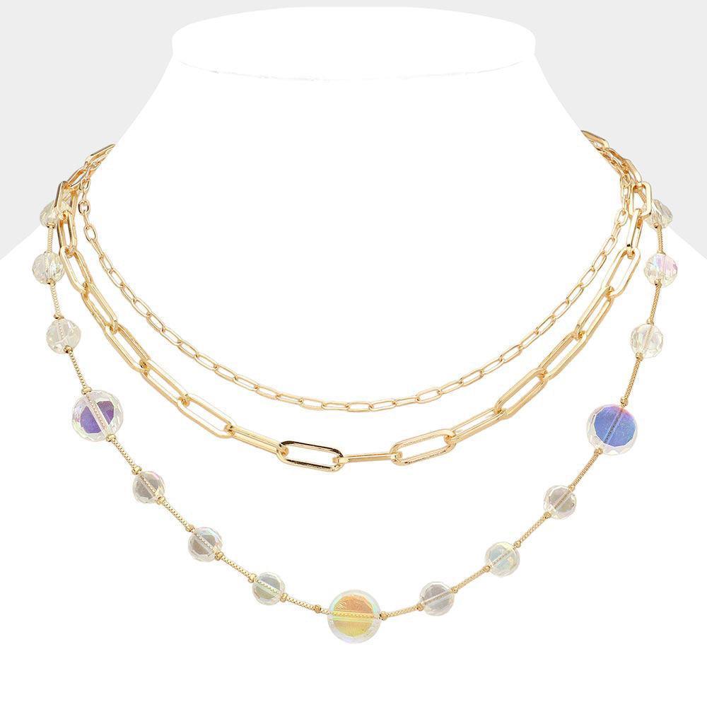 Clear Faceted Clear Disc Beads Station Metal Paper Clip Link Chain Layered Necklace - Jewelry Store by Erik Rayo