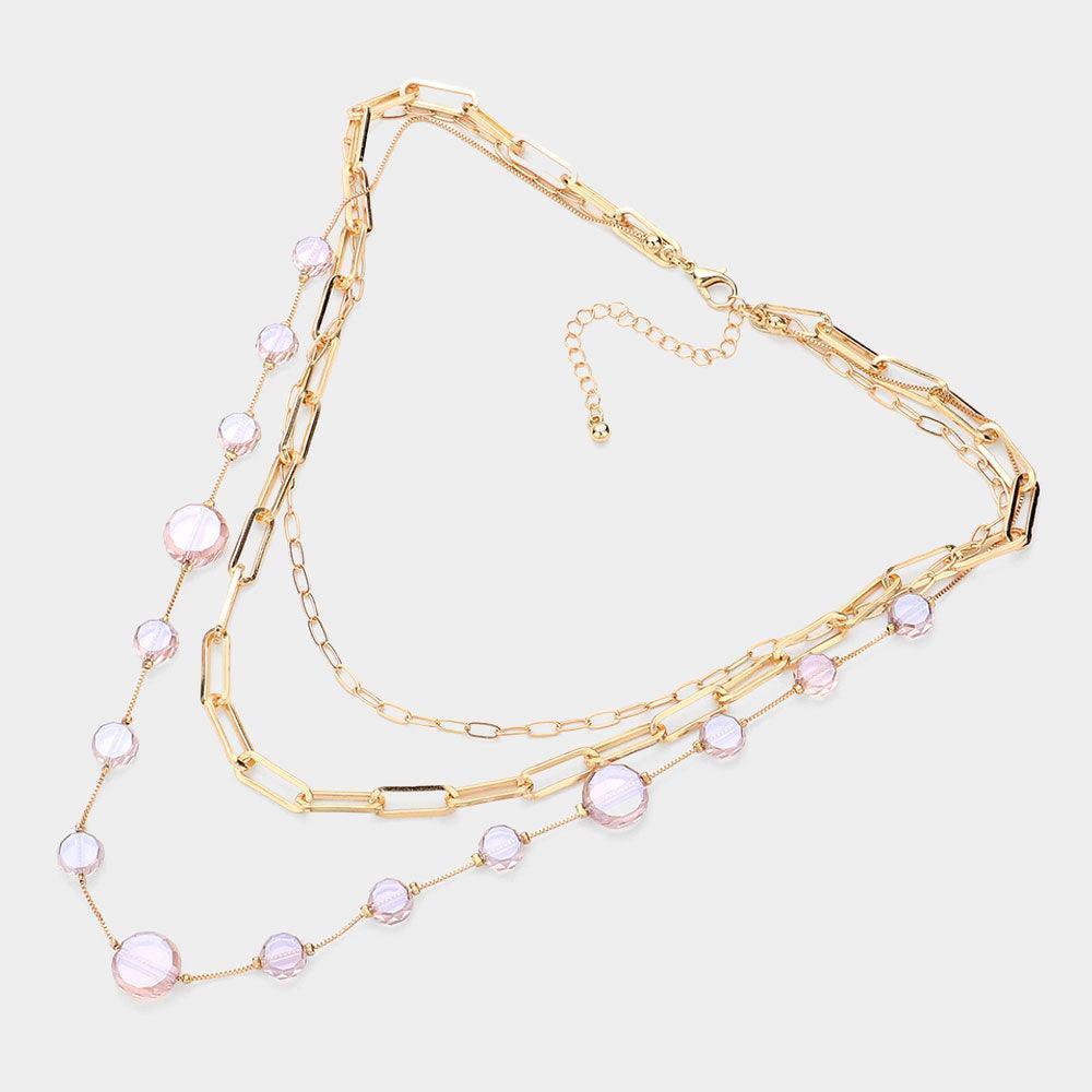 Lavender Faceted Clear Disc Beads Station Metal Paper Clip Link Chain Layered Necklace - Jewelry Store by Erik Rayo