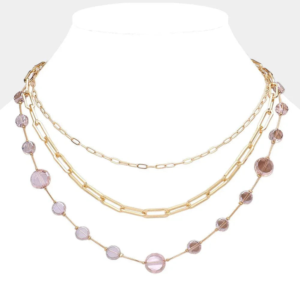 Lavender Faceted Clear Disc Beads Station Metal Paper Clip Link Chain Layered Necklace - Jewelry Store by Erik Rayo