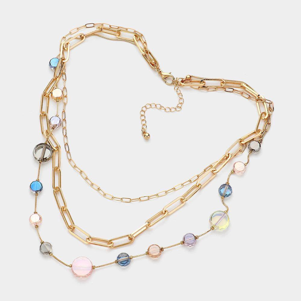 Faceted Clear Disc Beads Station Metal Paper Clip Link Chain Layered Necklace - Jewelry Store by Erik Rayo