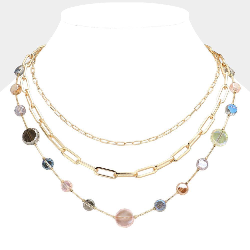 Faceted Clear Disc Beads Station Metal Paper Clip Link Chain Layered Necklace - Jewelry Store by Erik Rayo