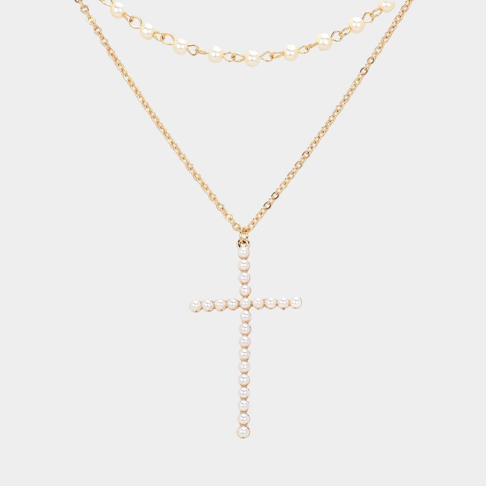 Gold Pearl Cross Pendant Pointed Metal Chain Pearl Station Layered Necklace - Jewelry Store by Erik Rayo