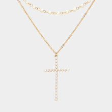 Load image into Gallery viewer, Gold Pearl Cross Pendant Pointed Metal Chain Pearl Station Layered Necklace
