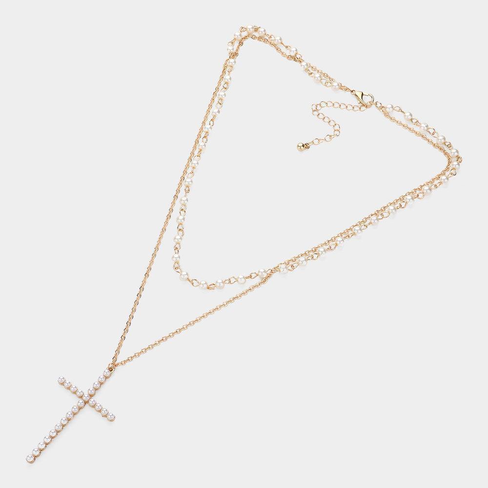 Gold Pearl Cross Pendant Pointed Metal Chain Pearl Station Layered Necklace - Jewelry Store by Erik Rayo