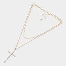 Load image into Gallery viewer, Gold Pearl Cross Pendant Pointed Metal Chain Pearl Station Layered Necklace

