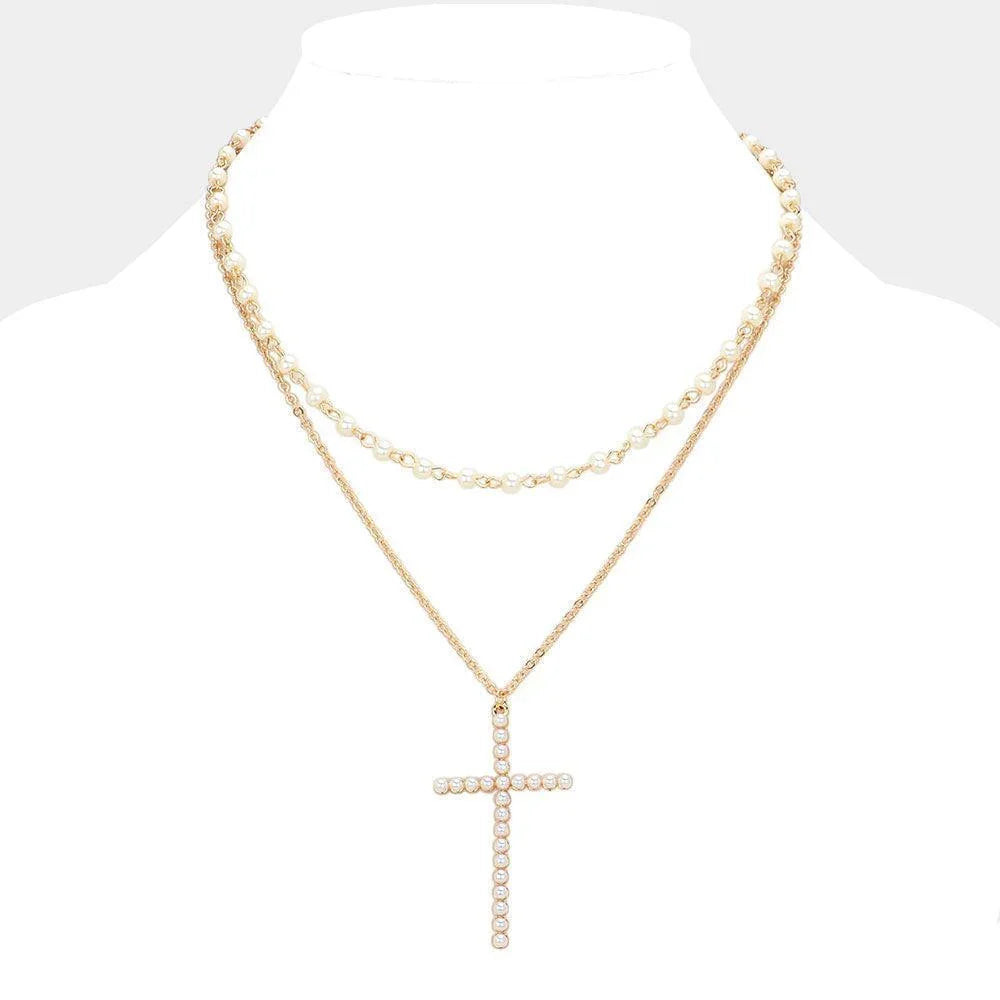 Gold Pearl Cross Pendant Pointed Metal Chain Pearl Station Layered Necklace - Jewelry Store by Erik Rayo