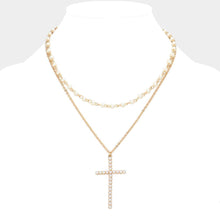 Load image into Gallery viewer, Gold Pearl Cross Pendant Pointed Metal Chain Pearl Station Layered Necklace
