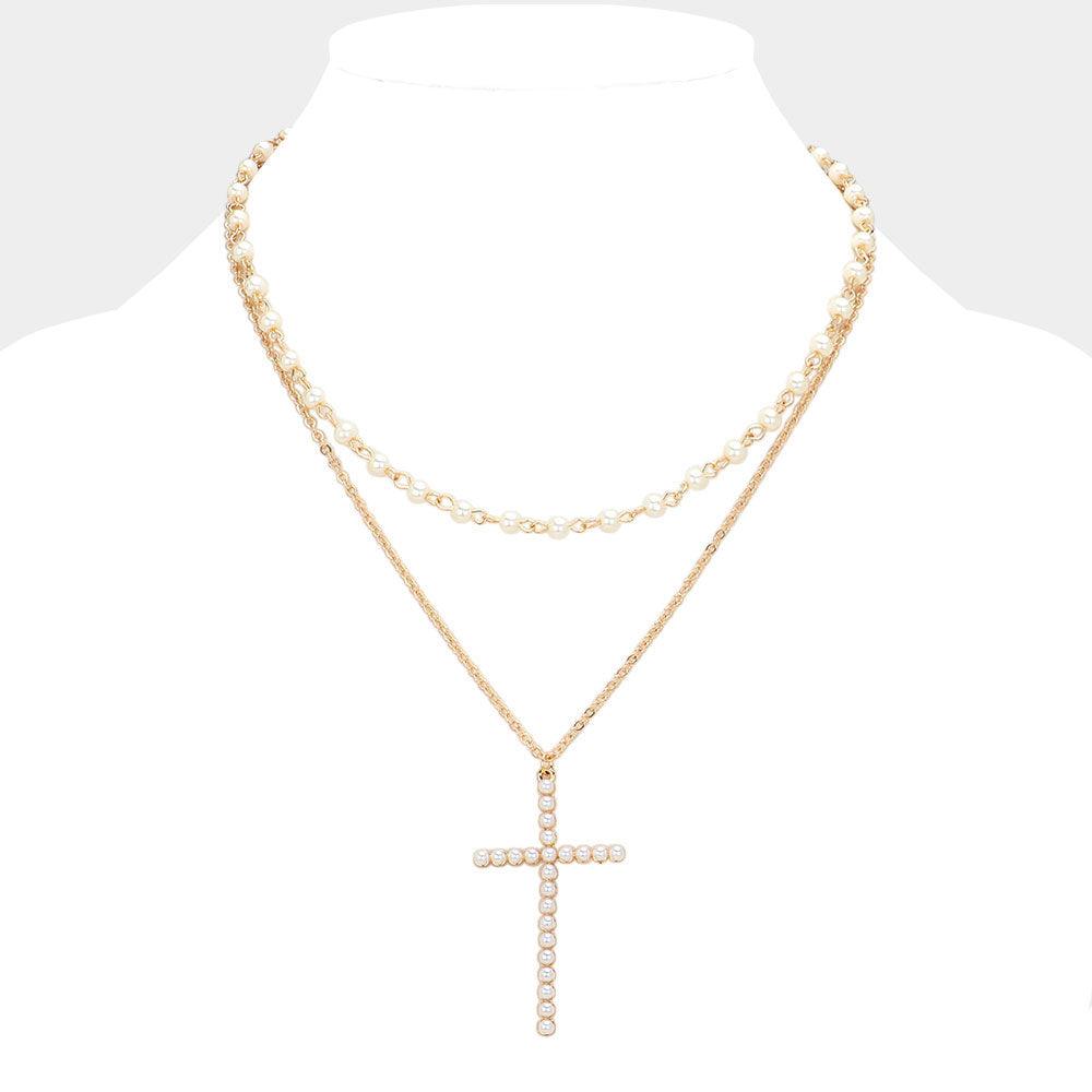 Gold Pearl Cross Pendant Pointed Metal Chain Pearl Station Layered Necklace