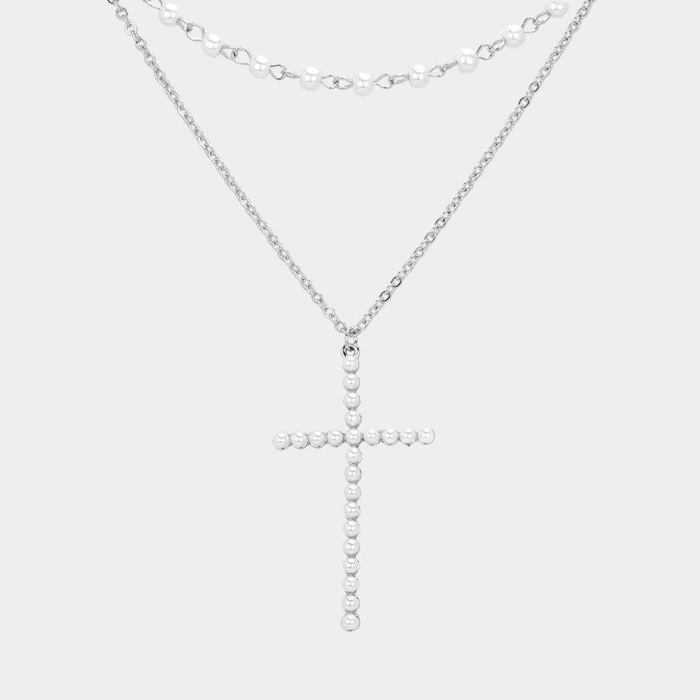 Pearl Cross Pendant Pointed Metal Chain Pearl Station Layered Necklace - Jewelry Store by Erik Rayo