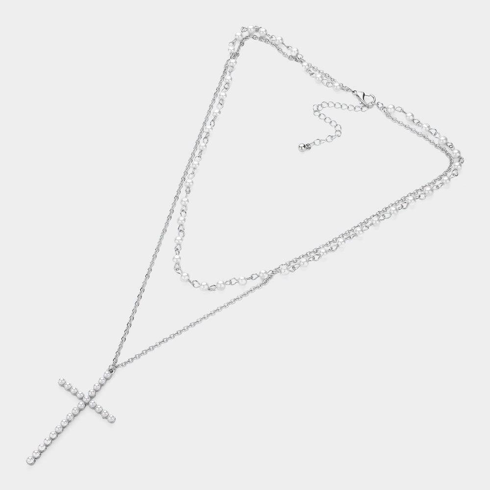 Pearl Cross Pendant Pointed Metal Chain Pearl Station Layered Necklace - Jewelry Store by Erik Rayo