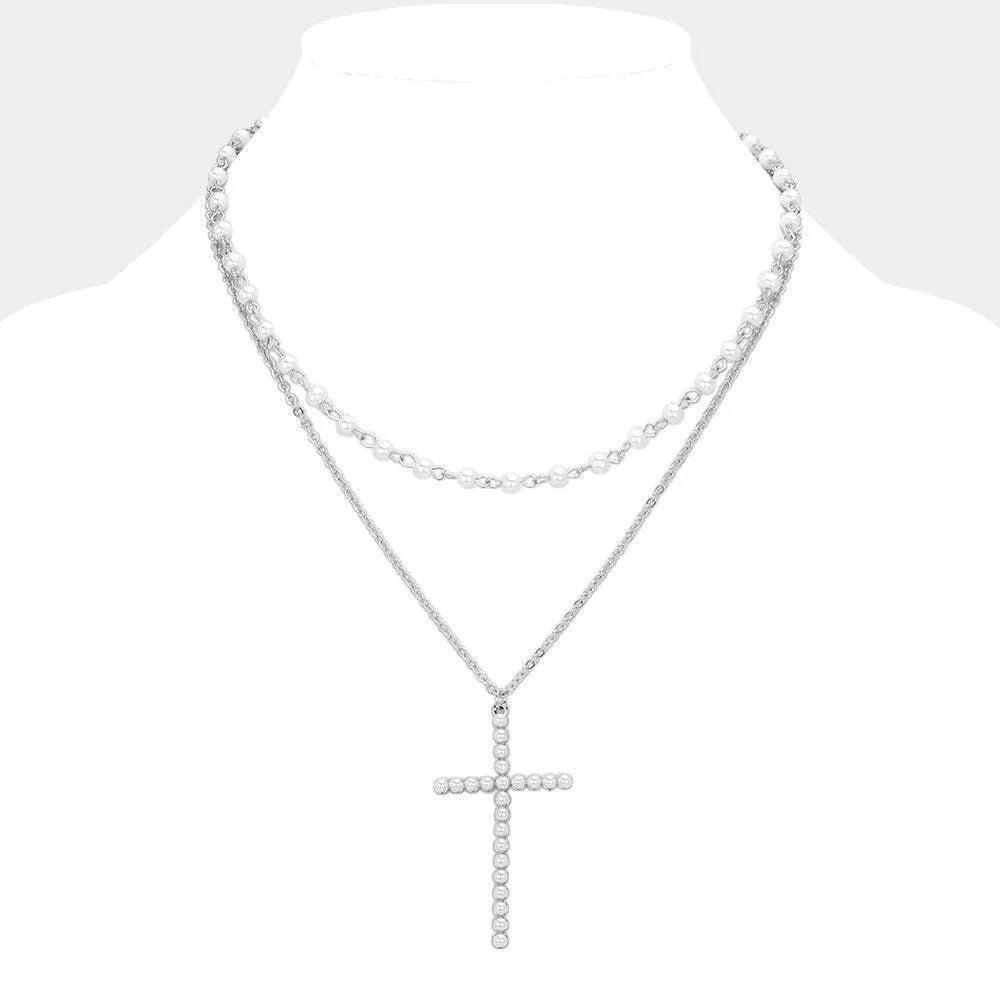 Pearl Cross Pendant Pointed Metal Chain Pearl Station Layered Necklace - Jewelry Store by Erik Rayo