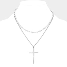 Load image into Gallery viewer, Pearl Cross Pendant Pointed Metal Chain Pearl Station Layered Necklace
